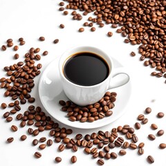 White ceramic coffee cup filled with black coffee on saucer surrounded by scattered roasted coffee beans