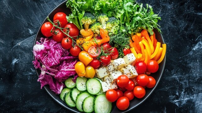 A vibrant plate of colorful vegetables, including tomatoes, cucumbers, bell peppers, and lettuce, arranged in a circular pattern on a dark, textured surface.