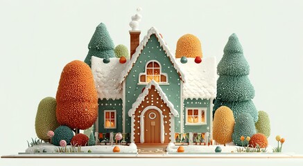 Flat cartoon gingerbread house vector illustration with lollipops, grass and Christmas tree, for children's book, holiday digital art and graphic design.
