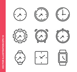 Set of line icons related to clock. Outline icons collection. Editable stroke. Vector illustration
