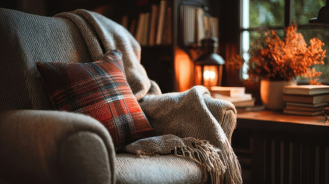 Cozy armchair with blanket and cushion illuminating autumn colors in a warm home library
