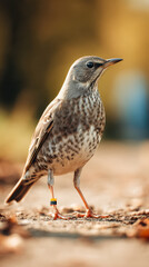 Mistle thrush standing on ground wearing identification ring. Vertical photo