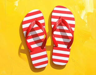 Striped flip-flops, red and white, on yellow background