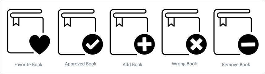 Obraz premium A set of 5 document icons as favorite book, approved book, add book
