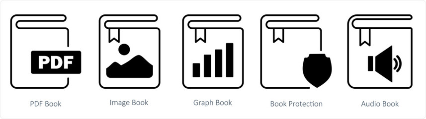 A set of 5 document icons as pdf book, image book, graph book