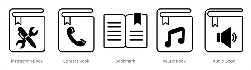 A set of 5 document icons as instruction book, contact, bookmark