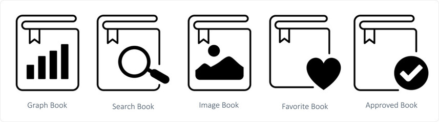 A set of 5 document icons as graph book, search book, image book