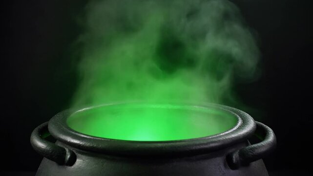 A witch's cauldron with a glowing green potion and smoke against a black background.