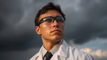 Fototapeta premium A determined scientist in safety goggles and lab coat looks up at stormy skies