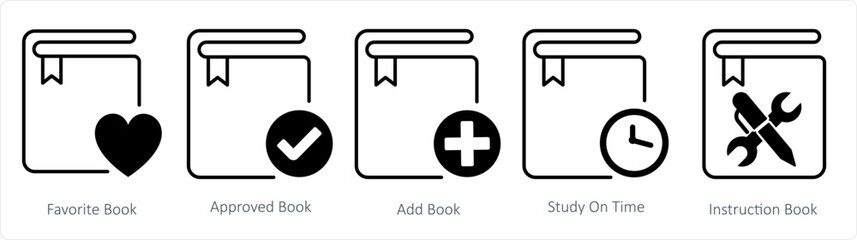 A set of 5 document icons as favorite book, approved book, add book
