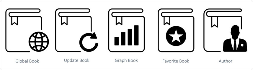 A set of 5 document icons as global book, update book, graph book