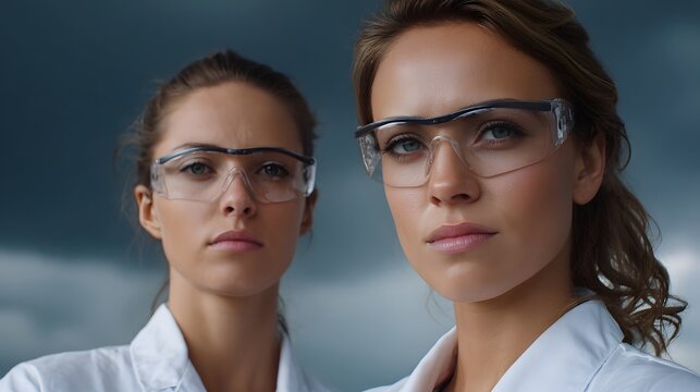 Two scientists in protective gear stand confidently against a stormy sky - Powered by Adobe