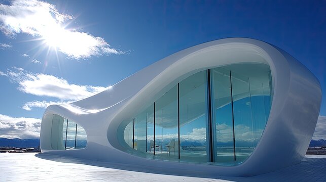 White Architectural Building With Curved Glass Facade In Snowy Landscape
