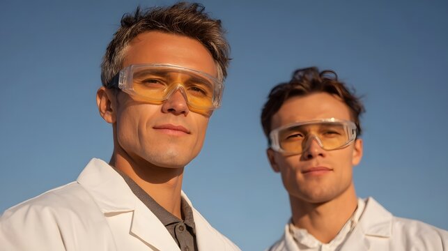 Two male scientists in lab coats and safety goggles stand outdoors against a clear blue sky