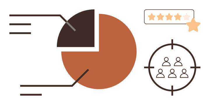 Pie chart with segments linked to labeled data, customer rating with stars, and team inside a target. Ideal for market research, customer feedback, business strategy, data visualization, audience