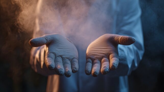 Gloved hands releasing swirling powder under contrasting orange and blue lighting