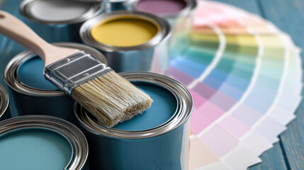 Paintbrush resting on blue paint can with color swatch