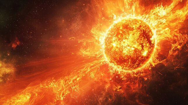 A fiery sun with solar flares and a solar wind in space.