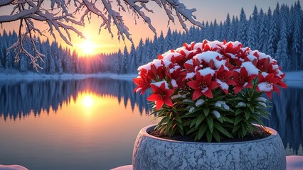 &ldquo;Snow-Covered Red Flowers by Frozen Lake at Sunrise &ndash; Winter Landscape Beauty&rdquo;