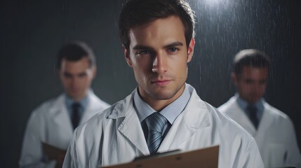 Naklejka premium Three serious scientists in white lab coats holding clipboards and looking intently forward amidst falling rain at twilight