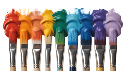 Collection of colorful paint brushes with thick paint strokes isolated on transparent background