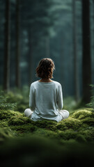 Calm woman meditating alone green forest. Peaceful person practicing yoga, sitting moss for wellness and mindfulness nature quiet solitude