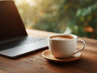 Calm morning for remote work from home with warm coffee cup and laptop on wooden table. Technology for peaceful start with drink