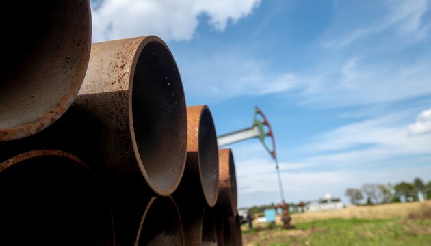 Rusty industrial pipes stacked in a field with an oil pumpjack - Powered by Adobe