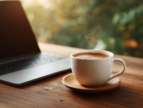 Calm morning for remote work from home with warm coffee cup and laptop on wooden table. Technology for peaceful start with drink