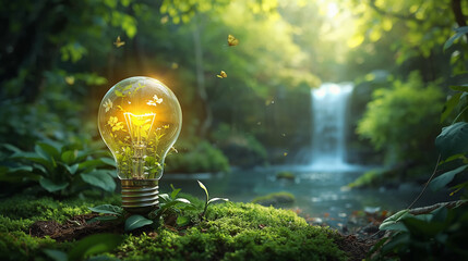 Eco energy light bulb with plants in natural forest setting