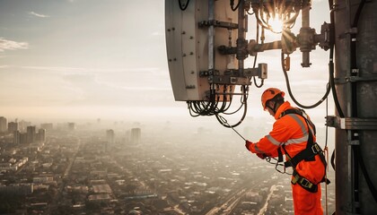 Telecommunication worker in safety gear installing equipment on a high-rise tower with a city skyline at sunset, concept for 5G network, urban connectivity and infrastructure development.
