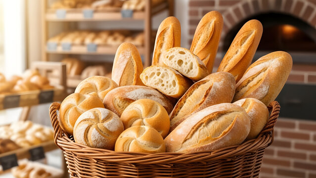 A basket overflowing with freshly baked bread in a bakery setting with shelves and brick oven visible
