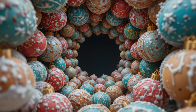 Tunnel of colorful Christmas ornaments creates festive and joyful atmosphere, with intricate patterns and vibrant hues of red, blue, and gold. decorations are adorned with snowflake designs