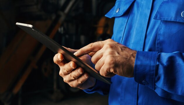 Technician's hands operating a digital tablet in a dark industrial workshop, concept for maintenance, engineering and smart industry
