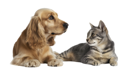 Cute dog and cat figurines side by side isolated on transparent background