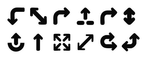 Black Directional Arrow Icon Set, Collection of Curved, Straight, and Movement Arrow Symbols, Vector Glyphs: Navigation and Control Arrows, Various Arrow Icons, Arrow Symbols Set.