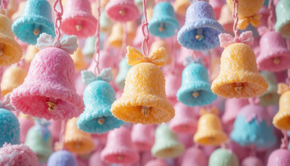 Colorful pastel bells with bows hang in festive display, creating cheerful and whimsical atmosphere. soft hues of pink, blue, and yellow add playful touch to scene