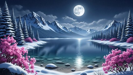 &ldquo;Enchanting Moonlit Lake Landscape with Pink Blossoms and Snowy Mountains &ndash; Fantasy Night Nature Scene&rdquo;