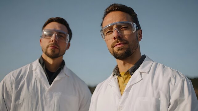 Two scientists in white lab coats and safety goggles stand outdoors focused on their work - Powered by Adobe