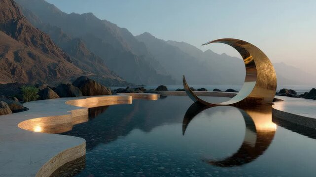 Golden sculpture reflects in still water at a mountain location during sunset