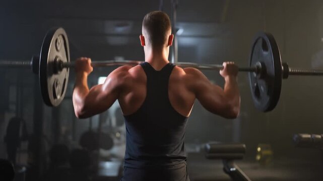 A powerful athlete lifts heavy weights in a gym with dramatic lighting. The video style is intense and motivational, emphasizing the athlete's strength and determination.