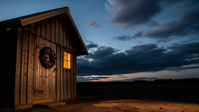 wooden cabin with lit window on stormy night