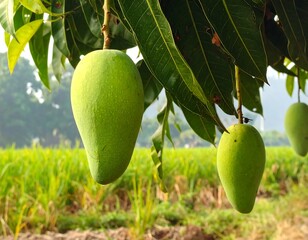 Close-up of ripe green mangoes hanging from a tree, with lush green foliage