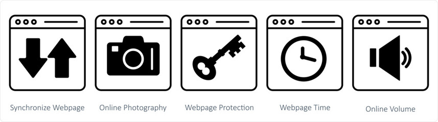A set of 5 internet icons as synchronize webpage, online photography, webpage protection