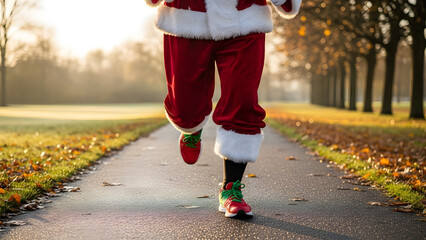 Obraz premium Santa Claus jogging on a path in autumn park with colorful leaves 