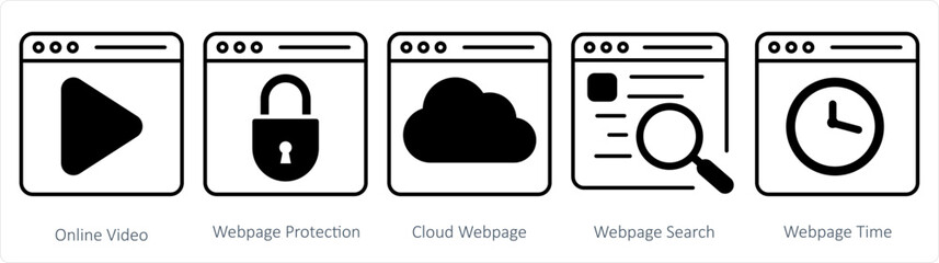 A set of 5 internet icons as online video, webpage protection, cloud webpage