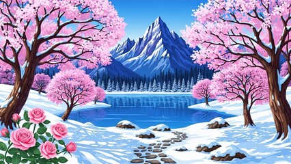 Pink Blossom Trees in a Snowy Mountain Landscape | Spring Meets Winter Fantasy Artwork