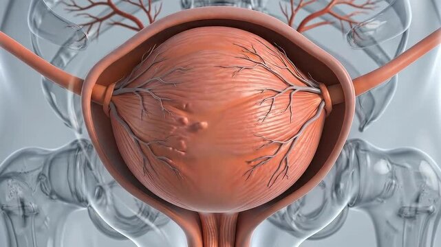 Detailed 3D Uterus Anatomy with Vascular Network and Nodules Scientific Medical Illustration