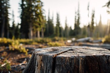 Fototapeta premium Freshly cut tree stump in sharp focus against a soft blurred forest at sunrise.
