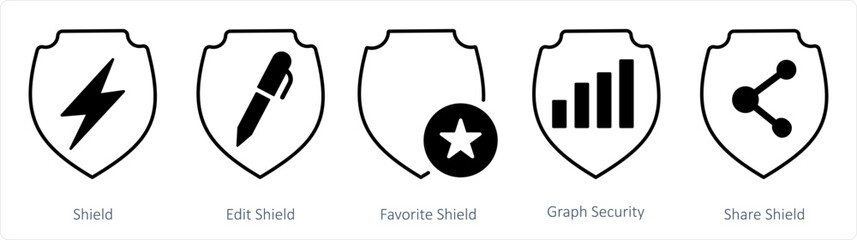 A set of 5 internet icons as shield, edit shield, favorite shield
